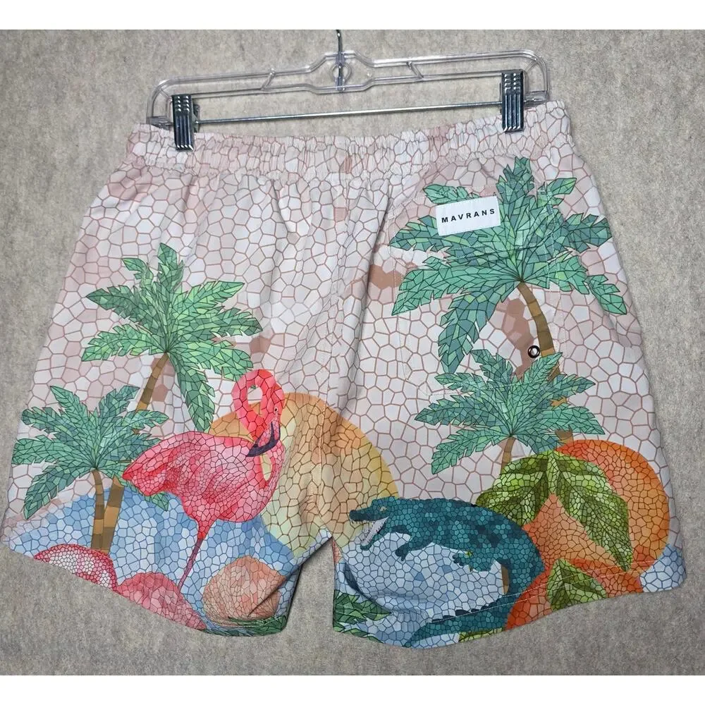 MAVRANS Mosaic Flamingo & Alligator Cabana Set | Shirt & Swim Trunks (Large)